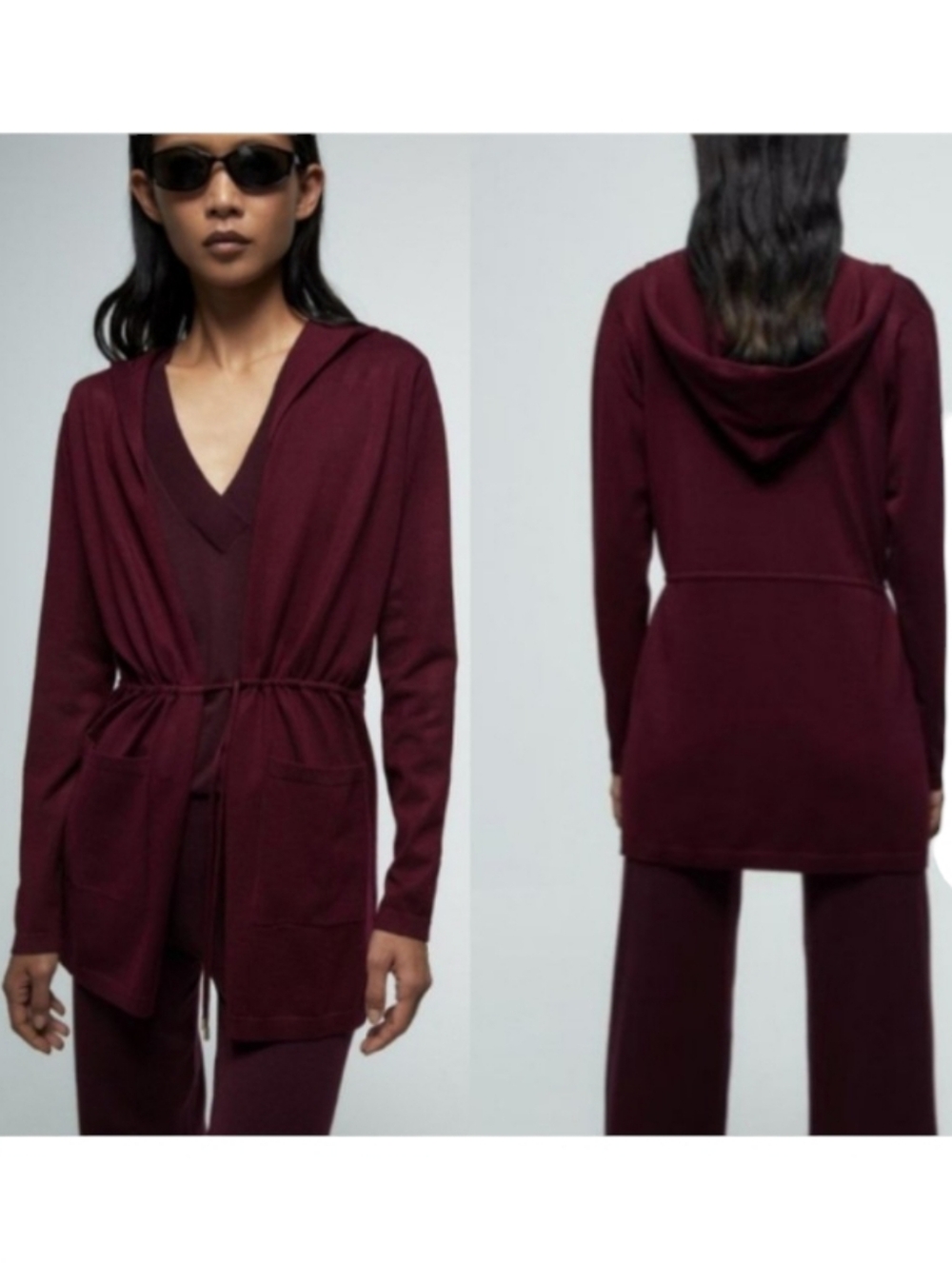 Sfera Hooded Knit Cardigan Jacket Lightweight Cinch Waist Bordeaux